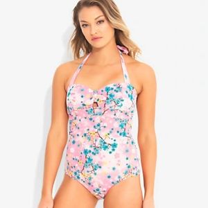 HOT TOPIC PINK CHERRY BLOSSOM ONE PIECE SWIMSUIT